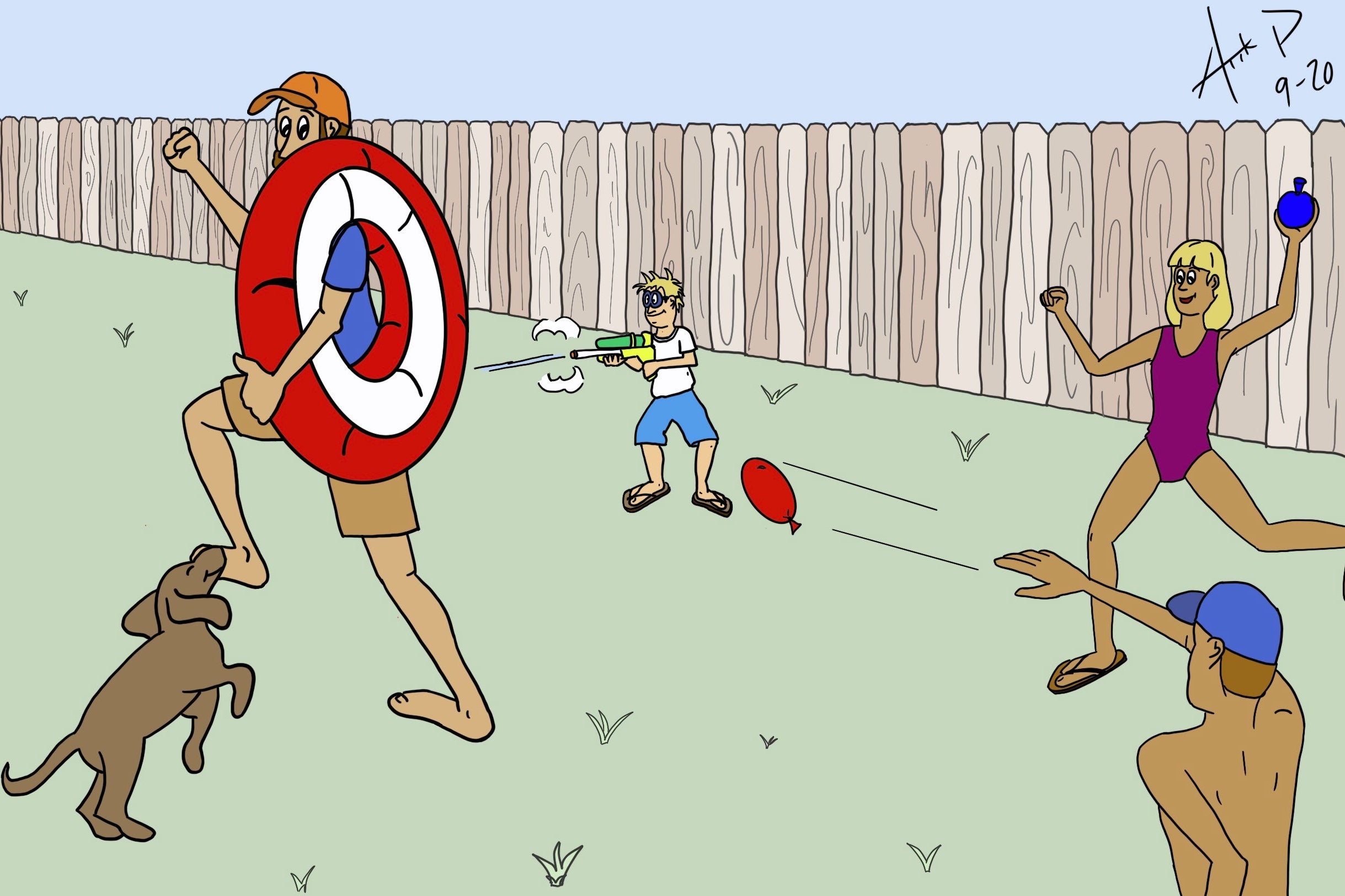 Cartoon of a father playing with children in a backyard, with text 'Dads are the Target'.
